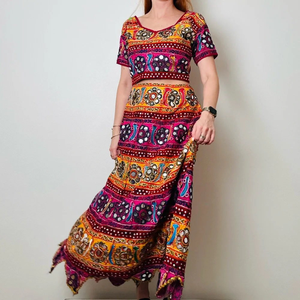 Aari Embroidered Cotton Skirt Mirror Work Indian Lehenga Choli Set Top Colorful - Picture 3 of 8